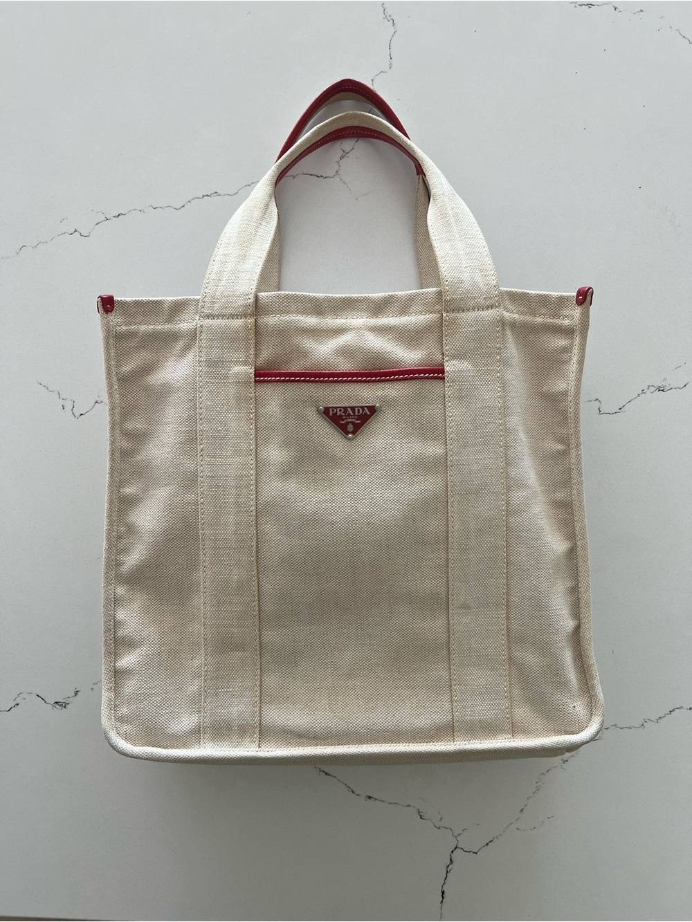 Prada Cream Canvas Tote with Red Trim